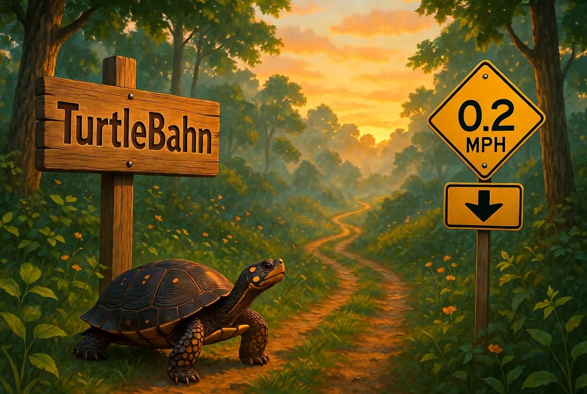 TurtleBahn forest path at golden hour with a box turtle and trail signs